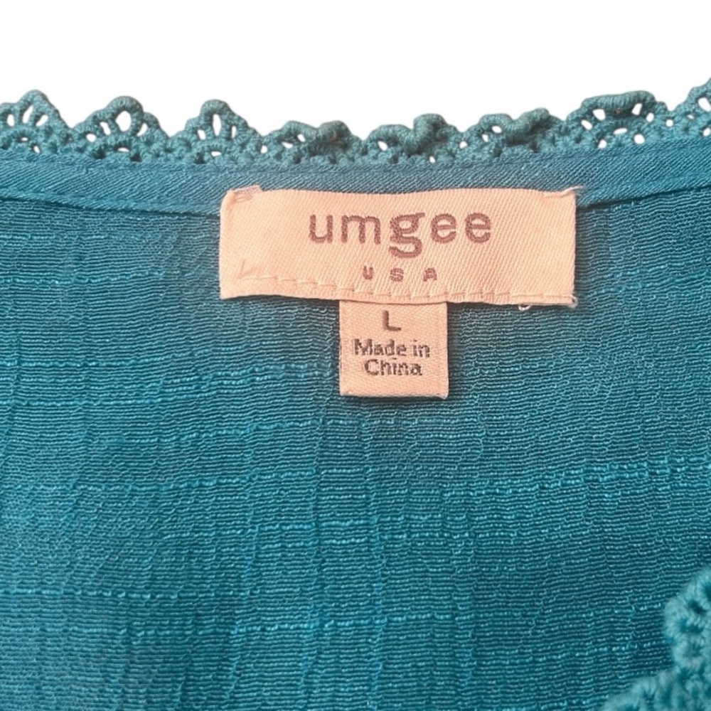 Umgee Floral Embroidered Long Balloon Sleeve Dress Turquoise Blue Large - Picture 3 of 7